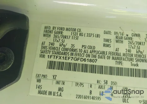 2016 Ford F-150 Xlt z USA, uszkodzony, nr VIN 1FTFX1EF7GFD61807